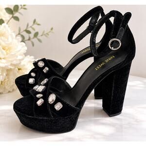 Nine West Callisto Black Velvet Rhinestone Platform Heels Sandals Size 7.5